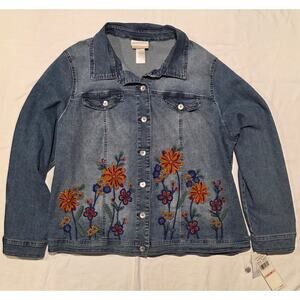 New Womens 2X Floral Embroidered Denim Jacket Denim Alfred Dunner Moody Blues